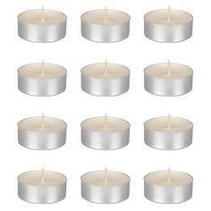 twelve candles are arranged in rows on a white background