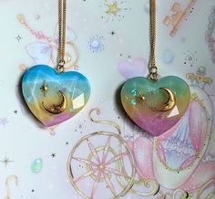 For all moon lovers out there I made these cute faceted hearts.  They are made of high quality epoxy resin and metal inclusions. Size: 3,5/3,5 cm The heart hangs from metal chain 42 cm long, golden color. Resin Idea, Resin Work, Pastel Kawaii, Pastel Goth Fashion, Ribbon Necklace, Seashell Necklace, Moon Lovers, Moon And Star, Girl Inspiration