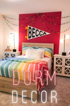 the bedroom is decorated with bright colors and string lights