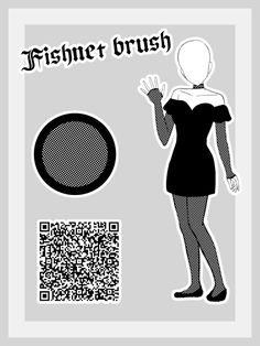 a woman in black and white is standing next to a qr code sticker