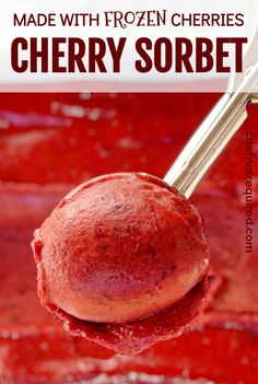 a spoon full of frozen cherry sorbet with text overlay that reads made with frozen cherries