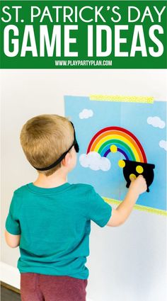 a young boy is playing with a paper craft that says st patrick's day game ideas