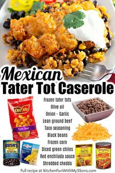 mexican tater tot casserole recipe on a white plate with text overlay