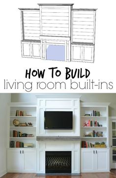 a living room with built in bookshelves and a tv above the fireplace that says how to build living room buttins