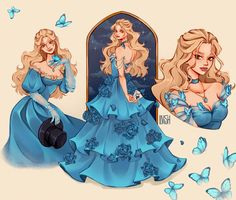 a drawing of a woman in a blue dress with butterflies around her and a mirror behind her