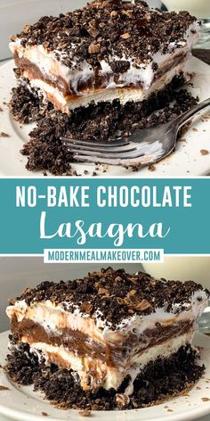 no - bake chocolate lasagna cake with whipped cream and chocolate shavings