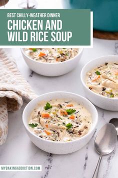 three white bowls filled with chicken and wild rice soup