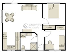 the floor plan for an apartment with two bedroom and one bathroom, including a kitchen