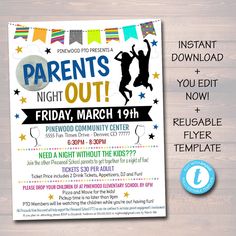 a flyer for parents night out on march 19, with an image of two children jumping in the air