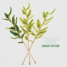 two green leaves on top of each other with the words willow leaf crochet pattern