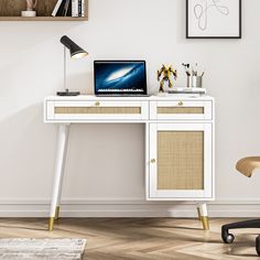 a white desk with a laptop on it