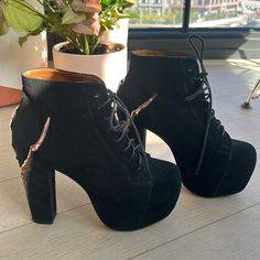 Jeffery Campbell Lita Boots, Black Suede With Metal Detail. Only Worn Inside. Size 7. No Box Jeffery Campbell Lita, Lita Boots, Metal Detail, Jeffrey Campbell Shoes, Jeffrey Campbell, Boots Black, Shoes Heels Boots, Put On, Black Suede