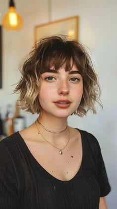 Short, Sassy, and Wavy: 25 Hairstyles for Bold Personalities Short Hair Bangs Ideas Styling, Bobs For Short Hair, Cute Short Hairstyles Wavy Hair, Wavy Cropped Hair, Short Wavy Haircuts Round Face, Short Wavy Hair Bangs Round Face, Shaggy Bob With Bangs Round Faces, Short Hair Wavy Natural, Short Hair Baby Bangs