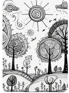 a black and white drawing of trees with swirls in the sky, birds flying over them