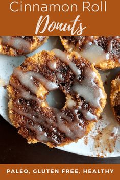 cinnamon roll doughnuts on a plate with text overlay that reads palen free healthy