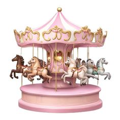 a pink carousel with four horses on it