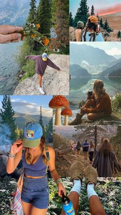 a collage of photos with people and animals in the background, including mushrooms, trees, grass, rocks, mountains