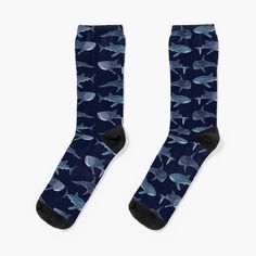 Super soft all-over printed knit socks with extra cushioning in the sole. Suitable for men and women. Watercolor on paper Shark Socks, Women Watercolor, Blue Socks, Whale Shark, Marine Blue, Watercolor On Paper, Sharks, Knit Socks, Knitting Socks