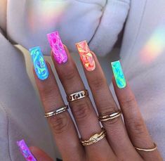 Nails And Rings, Multicolored Nails, Cute Acrylic Nail Designs, Dope Nail Designs, Glow Nails, Acrylic Nails Coffin Short, Summer Acrylic Nails, Neon Nails