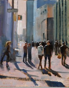 a painting of people walking down the street in front of tall buildings on a sunny day