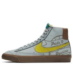 The Nike Ben SImmons x Blazer Mid '77 'Pregame Pack - Motivation' is a special edition shoe that is perfect for the big game. This mid-top shoe features a grey cracked suede upper, with a yellow Swoosh and inspirational phrases on each lateral side. The left shoe says 'Pride & Passion', while the right shoe says 'Heart in the Game'. On the brown leather heel tabs, you'll find the words 'Dedication' and 'Motivation'. This shoe is perfect for athletes who are looking for an extra boost of inspiration before the big game. (SNKR) Nike Retro Custom Sneakers With Branded Insole, Nike Retro Custom Sneakers, Vintage Nike Leather Skate Shoes, Retro Leather Custom Sneakers For Skateboarding, Retro Leather Sneakers For Skateboarding, Nike Vintage Leather Custom Sneakers, Vintage Nike Leather Custom Sneakers, Vintage Leather Custom Sneakers For Streetwear, Vintage Leather Skate Shoes For Skateboarding