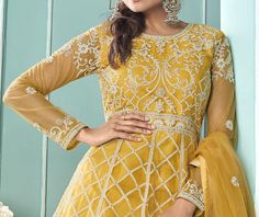 Yellow Designer Embroidered Lehenga Style Anarkali Suit-Saira's Boutique Fitted Anarkali Salwar Kameez With Intricate Embroidery, Fitted Anarkali Churidar With Intricate Embroidery, Festive Sets With Intricate Embroidery In Maxi Length, Gold Anarkali Set With Intricate Embroidery And Long Sleeve, Fitted Sets With Intricate Embroidery In Maxi Length, Embroidered Fitted Anarkali Set For Diwali, Fitted Gold Maxi Length Lehenga, Diwali Maxi Sets With Intricate Embroidery, Fitted Maxi Length Gold Lehenga