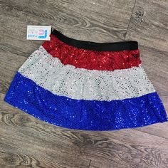 SALE - SMALL USA Red, White & Blue Patriotic Sparkle Running Skirt - Rock City Skirts Running Skirt, Under Shorts, Skirt Details, Sparkle Skirt, Running Skirts, Red White Blue, Waist Band, Fourth Of July, Fabric Care