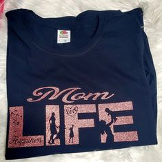 Mom Life T-Shirt ....Navy Blue Pink Glitter Blue Crew Neck Tops With Glitter Print, Blue Glitter Print Crew Neck Tops, Orange Tees, Aeropostale Shirts, Pajamas Comfy, Striped Tee, Cool Tees, Gray Tshirt, Pink Glitter