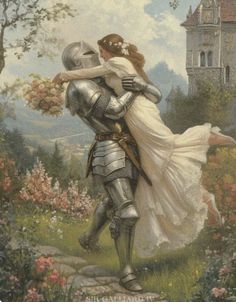 a painting of a man and woman in armor