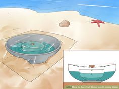 a bowl filled with water sitting on top of a sandy beach