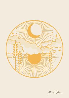 an orange and white drawing of the sun, clouds, and trees in a circle