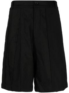 black wool high-waisted concealed fly and button fastening belt loops slip pockets to the sides straight leg above-knee length Feng Chen Wang, Wool Shorts, Water Consumption, Tailored Shorts, Harmful Chemicals, Environmental Impact, Shorts Black, Manufacturing Process, Above Knee