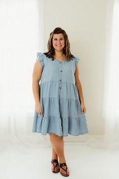 Ruffle Button Tiered – Ella Mae's Boutique Graphic Tee Dress, Cardigan Vest, Petite Jeans, Tee Dress, Tiered Dress, Jean Leggings, Light Denim, Cardigan Jacket, Dress Romper