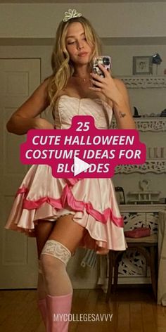 a woman in a pink dress holding a camera and wearing thigh high socks with the words 25 cute halloween costume ideas for blvdes