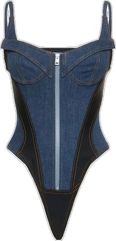 Fitted Denim Top With Zipper Closure, Edgy Fitted Denim Top, Fitted Denim Top With Edgy Style, Trendy Denim Bodysuit, Trendy Fitted Denim Bodysuit, Fitted Denim Bodysuit In Trendy Style, Fitted Denim Patchwork Tops, Fitted Denim Tops With Patchwork, Mugler Fashion