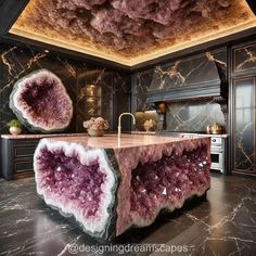 a large kitchen with marble counter tops and an island in the middle, surrounded by black cabinets