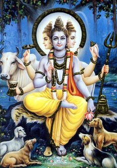 the hindu god sitting in front of cows and trees with his arms outstretched, surrounded by other animals