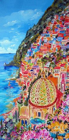 a painting of a colorful city by the ocean