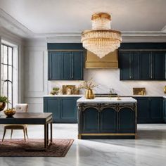 Luxurious kitchen with dark cabinets, marble countertops, and a grand chandelier. Art Deco Kitchen Modern, Vibrant Kitchen