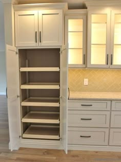 an empty pantry with white cabinets and drawers