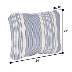 a pillow with measurements for the front and back of it, which is shown in blue stripes