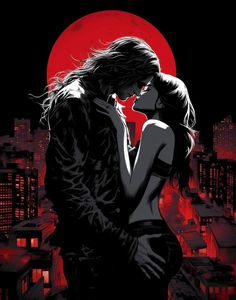 a man and woman kissing in front of a red moon with the city lights behind them