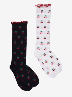 Look your cherry best in this adorable set of socks! These black & white crew socks both have cherry designs all over  plus red lettuce trim on top.Fits shoe size 8 - 1270% polyester; 20% cotton; 10% spandexWash cold; dry lowSet of 2 pairsImported Cherry Socks, Maryellen Larkin, White Crew Socks, Red Lettuce, Sock Packs, Girls Socks, Socks And Tights, Christmas 2024, Hot Topic