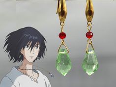 Howl's Moving Castle inspired Earrings, Howl's cosplay earrings. Made of green faceted glass teardrops, red faceted glass beads and stainless steel hypoallergenic findings. Earring total length 48mm, stone size 18x10mm 4 variations of hooks available: Safety hooks, wide hooks, ear wire and non pierced hoops. PRICE IS PER PAIR Other variations of the same earring are also available. There is a small themed charm with every order. Note The postage charge is for standard not registered shipping WIT Howls Moving Castle Anime, Howl Earrings, Castle Anime, Howl's Moving Castle, Anime Accessories, Howls Moving Castle, Earrings Green, Faceted Glass, Anime Inspired