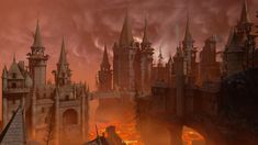 an image of a fantasy castle with flames coming out of the walls and towers on it