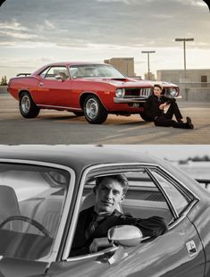 two photos one in black and white, the other in red with an old car