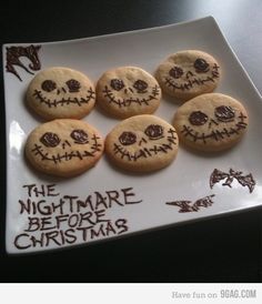 six decorated cookies on a plate with the words the nightmare before christmas written on them