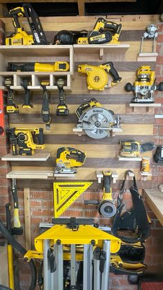 tools are arranged on shelves in a workshop