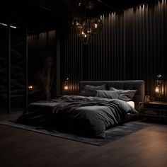 a bedroom with black walls and wooden flooring is lit up by lights that are on either side of the bed