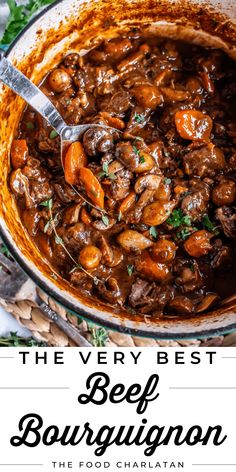 the very best beef bourguignon in a large pot with a serving spoon